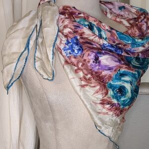 Vintage 60 Mitsukoshi Silk Scarf Turquoise Brown Watercolor Floral Mid Century